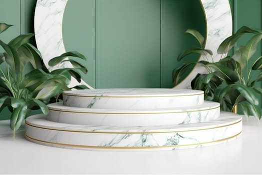 cosmetic stage composition podium branch design space advertising sale modern tree creative color template green mock up abstract marble leaf platform. Generative AI.