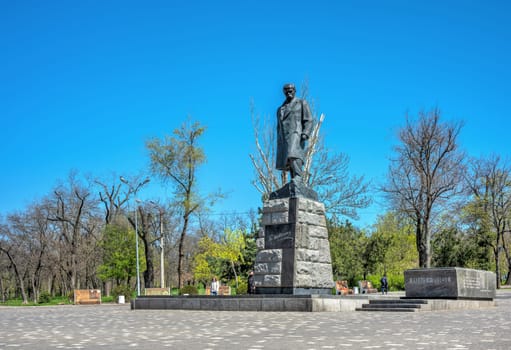 Odessa, Ukraine 18.04.2023. Monument to Taras Shevchenko in Odessa, Ukraine, on a sunny spring day