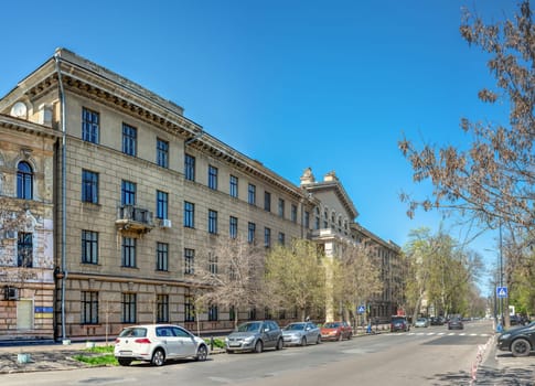 Odessa, Ukraine 18.04.2023. Historical building on the Marazlievskaya street in Odessa, Ukraine, on a sunny spring day