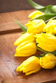 Bouquet of yellow tulips on wooden background
