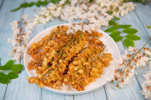 Acacia flowers fritters, Blossoming acacia with leafs, , Robinia pseudoacacia, White acacia, High quality photo