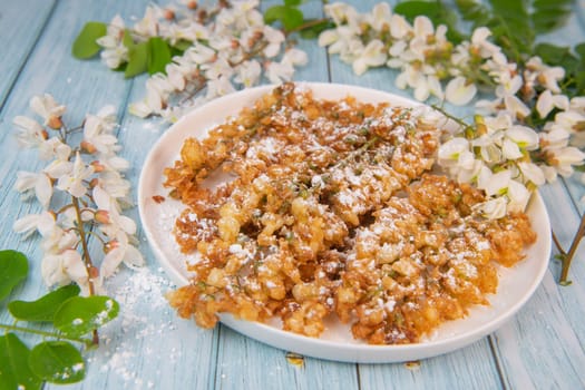 Acacia flowers fritters, Blossoming acacia with leafs, , Robinia pseudoacacia, White acacia, High quality photo