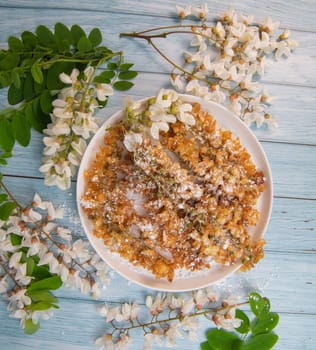 Acacia flowers fritters, Blossoming acacia with leafs, , Robinia pseudoacacia, White acacia, High quality photo