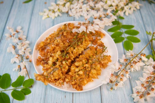 Acacia flowers fritters, Blossoming acacia with leafs, , Robinia pseudoacacia, White acacia, High quality photo