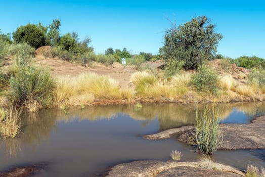 Augrabies National Park, South Africa - Feb 26, 2023: The start of the Dassie and Klipspringer hiking trails in the Augrabies Falls National Park. Floodwater blocks the access