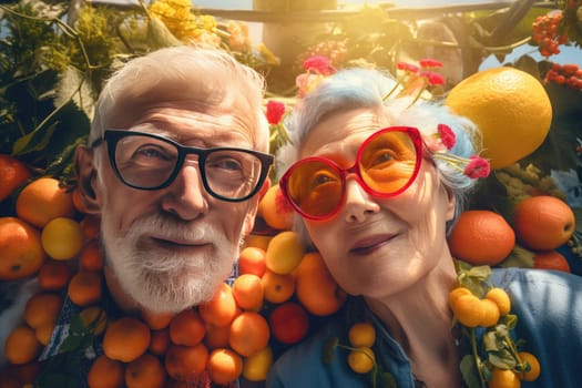 Proper Nutrition. Giving up bad habits, health, a strong body, Older age to be happy and cheerful and cheerful, Senior couple, old seniority, Healthy eating, fruits and vegetables