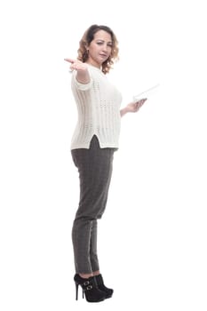 in full growth. young woman with a digital tablet. isolated on a white background.