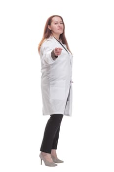 full-length. mature female doctor with stethoscope . isolated on a white background.