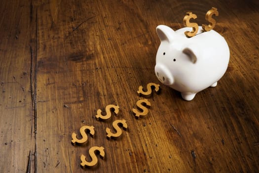 A Piggy bank and a path of dollar signs. The concept of personal savings.