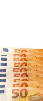 Banknotes with a face value of 50 euros are large with a white background on top. Copy space. Paper cash euro banknotes.