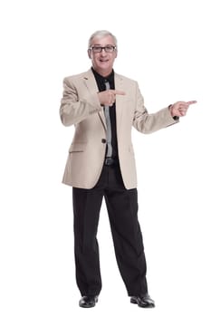 in full growth. mature man in white jacket showing thumbs up . isolated on a white background.