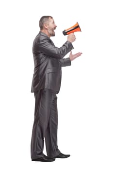 full-length. business man with a megaphone. isolated on a white background.