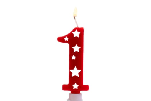 Number 1 birthday celebration candle against a bright white background, burning party candle for one year old. Happy Birthday concept colorful red