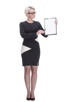 in full growth. business woman pointing at blank in clipboard . isolated on a white background.
