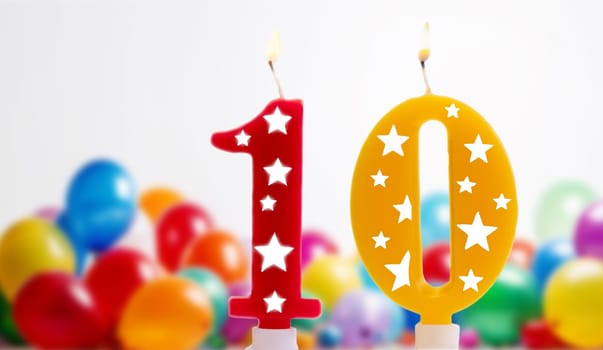 Birthday candle burning on white background, colorful number 10, 10th birthday i on white background with colorful balloons festive, party candles, Happy Brithday celebration