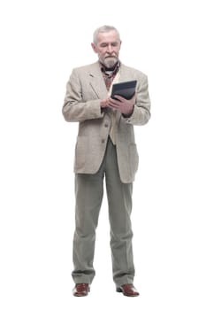 elderly business man with a calculator. isolated on a white background.