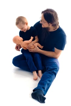 young handsome father with his son fooling around, lifestyle on white background. High quality photo