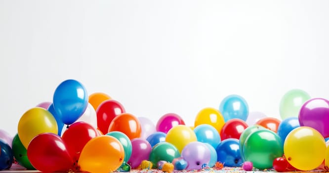 colorful party balloons on white background. Festive party and Happy birthday decoration with copy space. set of multicolored balloons space for text