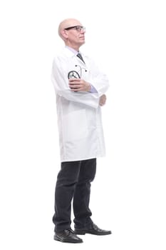 in full growth. confident doctor with a stethoscope in hand. isolated on a white background.