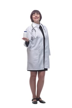 in full growth. sanitizer in the hands of a female doctor . isolated on a white background.