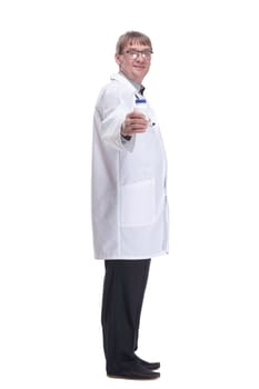 side view. doctor expert handing you a bottle of antiseptic. isolated on a white background.