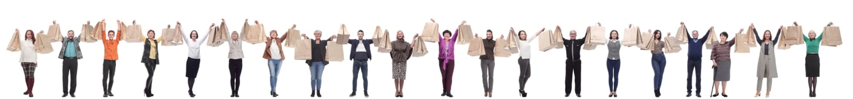 collage of shoppers holding shopping bags high