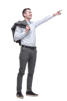 confident business man with a jacket over his shoulder . isolated on a white background.