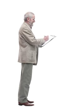 in full growth. elderly business man with a clipboard. isolated on a white background.