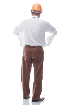 rear view. architect looking for a drawing. isolated on a white background