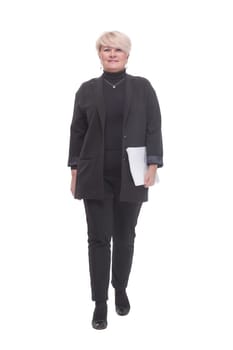in full growth. business woman with a stack of business documents. isolated on a white background.