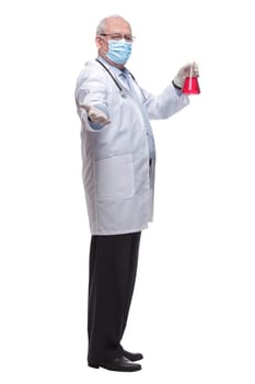 side view. a doctor with a lab flask looking at you. isolated on a white background