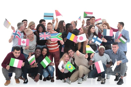 Happy people holding country flags in their hands.The international cooperation concept