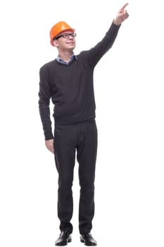 Handsome young man with protective helmet on his head and arms crossed, isolated on white background