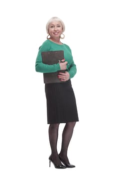 in full growth. smiling woman with clipboard. isolated on a white background.