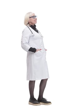 in full growth. friendly woman doctor. isolated on a white background.