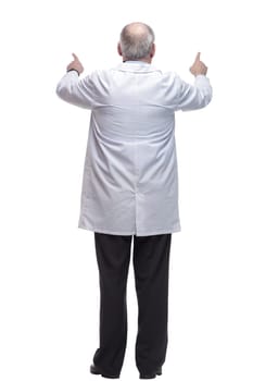 rear view. medical doctor reading an ad on a white screen . isolated on a white background