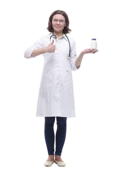 Mature female doctor with disinfectant in hand. isolated on a white background.