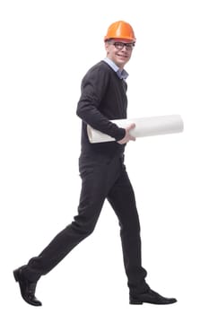Side view of an male architect wearing helmet and glasses carrying blueprints, isolated on white background