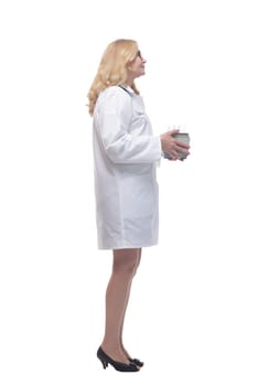 side view. smiling woman lab assistant with laboratory tests. isolated on a white background.