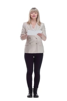 in full growth. Mature blonde woman with digital tablet . isolated on a white background.