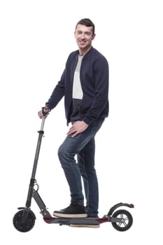 smiling young man with an electric scooter . isolated on a white background.