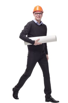 Full length portrait of a confident businessman in helmet holding blueprint over white background looking at camera