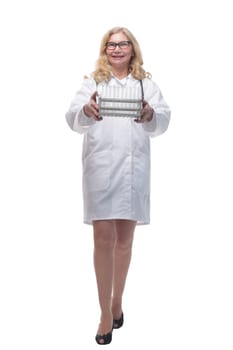 in full growth. laboratory assistant with laboratory tests. isolated on a white background.