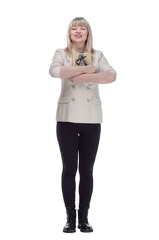 in full growth. attractive adult woman with a gift box in her hands . isolated on a white background.