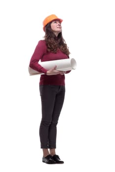 in full growth. young woman architect with a roll of drawings. isolated on a white