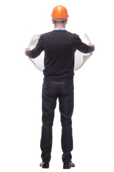 back view of handsome business man in orange builder's helmet isolated on white background