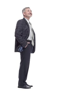 side view. glad mature man in casual clothes. isolated on a white background