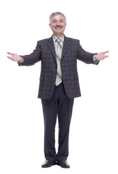 in full growth. smiling friendly man looking at you. isolated on a white background