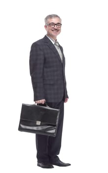 in full growth. smiling adult man with a leather briefcase. isolated on a white background