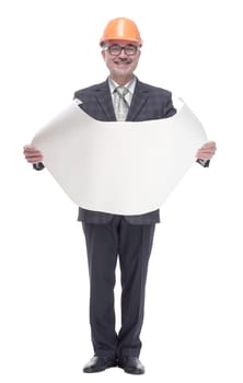 in full growth. smiling architect with a new drawing. isolated on a white background